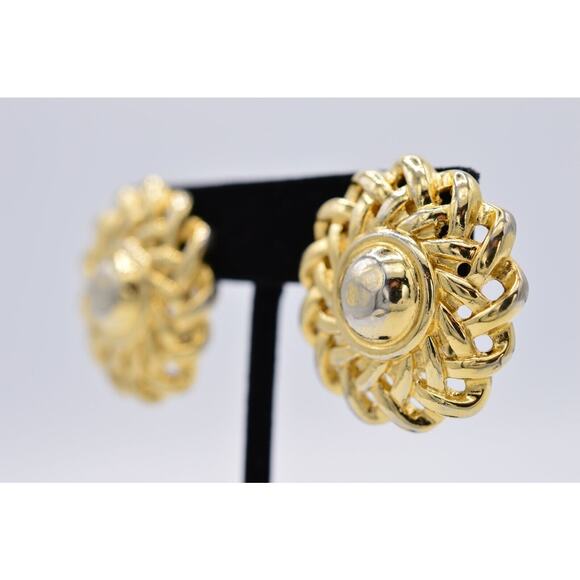 Givenchy Vintage Clip On Earrings Chunky Gold Flower Weaved Signed Runway BinAG - Picture 2 of 12